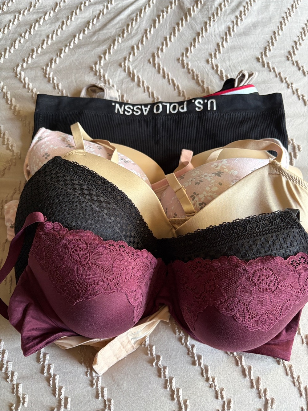 U.S. Polo Assn. Lace Trim Mixed Color Bra Set - Burgundy, Black, Cream, Blush
